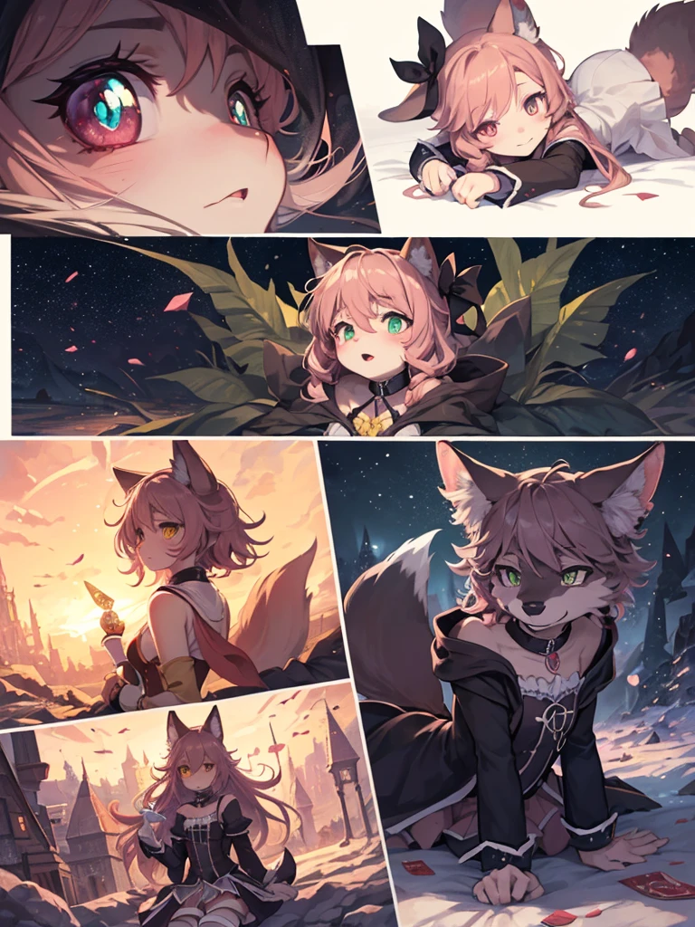 collage style,dark、Depression,Full of weird elements,Red wolf furry, Green pupils,black sclera,The changing style of Magical Girl Madoka