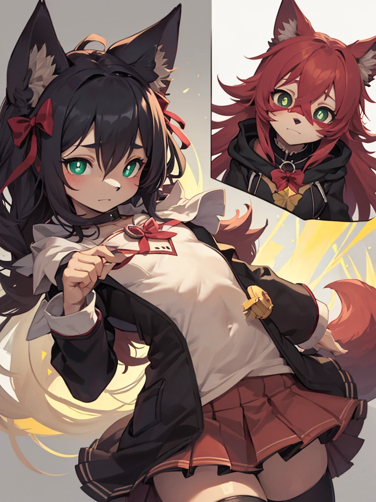 collage style,dark、Depression,Full of weird elements,Red wolf furry, Green pupils,black sclera,The changing style of Magical Girl Madoka