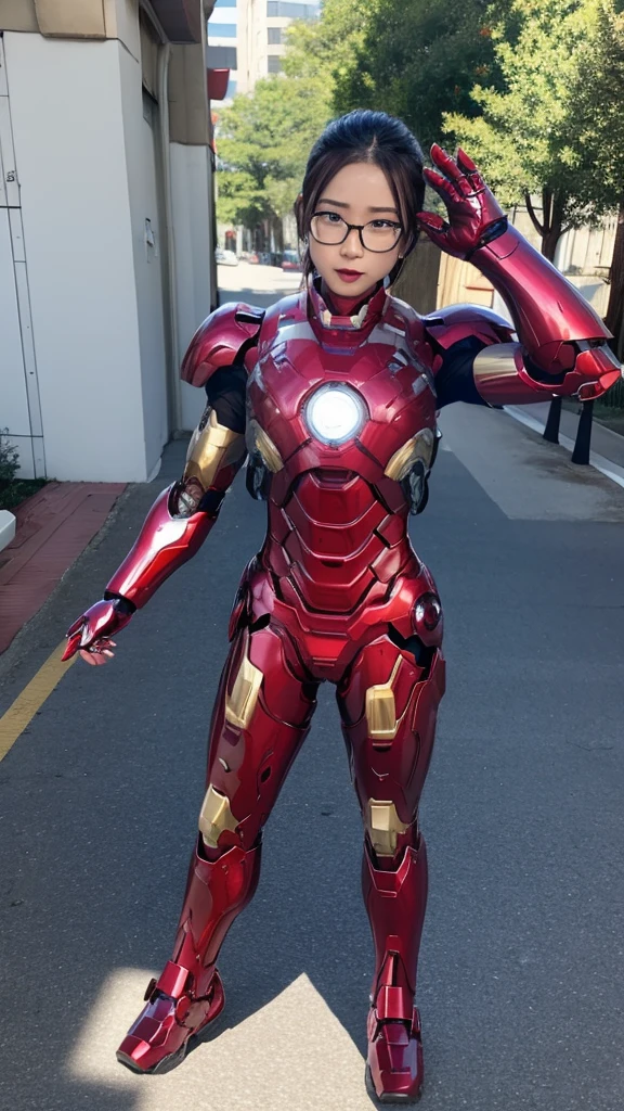 Shiny Iron Man Armor、、M-shaped feet、Kindergarteners、Elementary school girl　girl, Hyperrealism, Super Detail, high quality, Anatomically correct, 16K, High resolution, Textured skin、Chiquita、、Glasses、Sweaty、Red and black clothing colors　A lot of steam coming from the head　Wet Hair　I can see the vagina　Character Focus