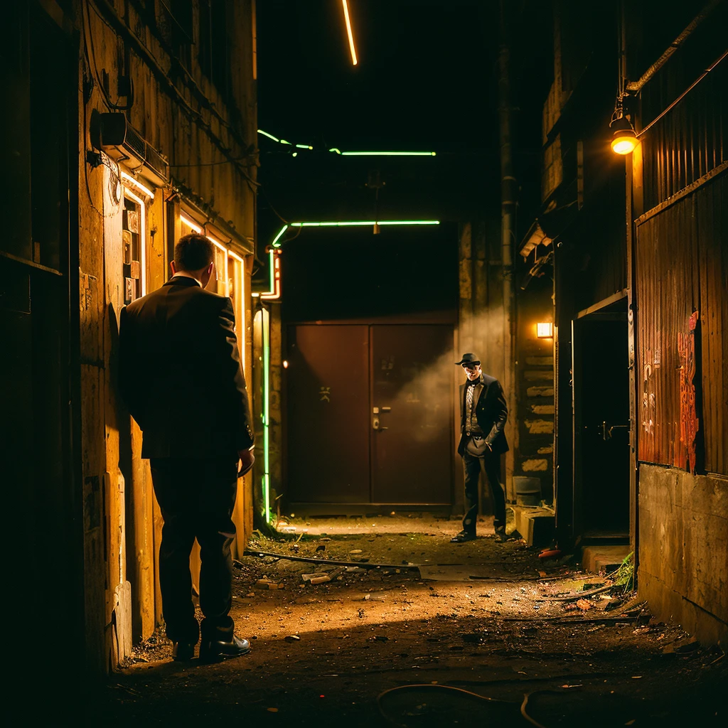 cowboy shot,  (One Man:2), (american:1.5), Around 30 years old
, ((sit against the wall)), ((abandoned wooden house))
, (black concrete ground)
, ((face down))
, (shabby black business suit:1.5)
, (Neon street back alley:1.5), (narrow street)
, ((dimly light)), (darkness:1.5), (at night:1.5)
, (Science fiction:1.5), near future
, ((Top Quality)), ((Masterpiece)), (Details)