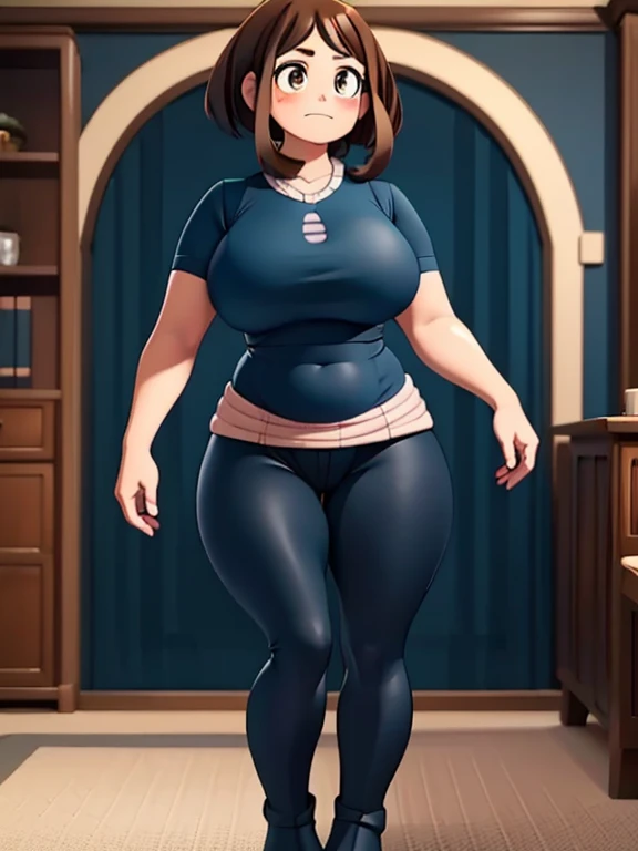 1girl, solo, Imagine Ochaco Uraraka being a 45 year old mother, MILF, brown hair, brown eyes, blush stickers, short hair, Mature Face, brown hair, brown eyes, blush stickers, short hair, medium breasts, curvy female, thick thighs, curvy body, curvaceous belly, round belly, muffin-top, love handles, pudgy, ((Wearing: dark blue shirt, black leggings and white heeled boots)), indoors, detailed background, living room, wide shot, (Standing:1.2)