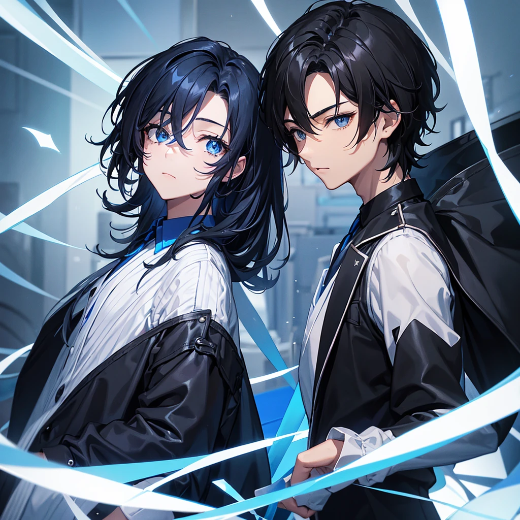 young man teenager ,Black hair has a strong blue sheen. ,Black eyes sparkling blue ,Wear fashionable black and blue shirts. ,There was a white card floating around behind it.