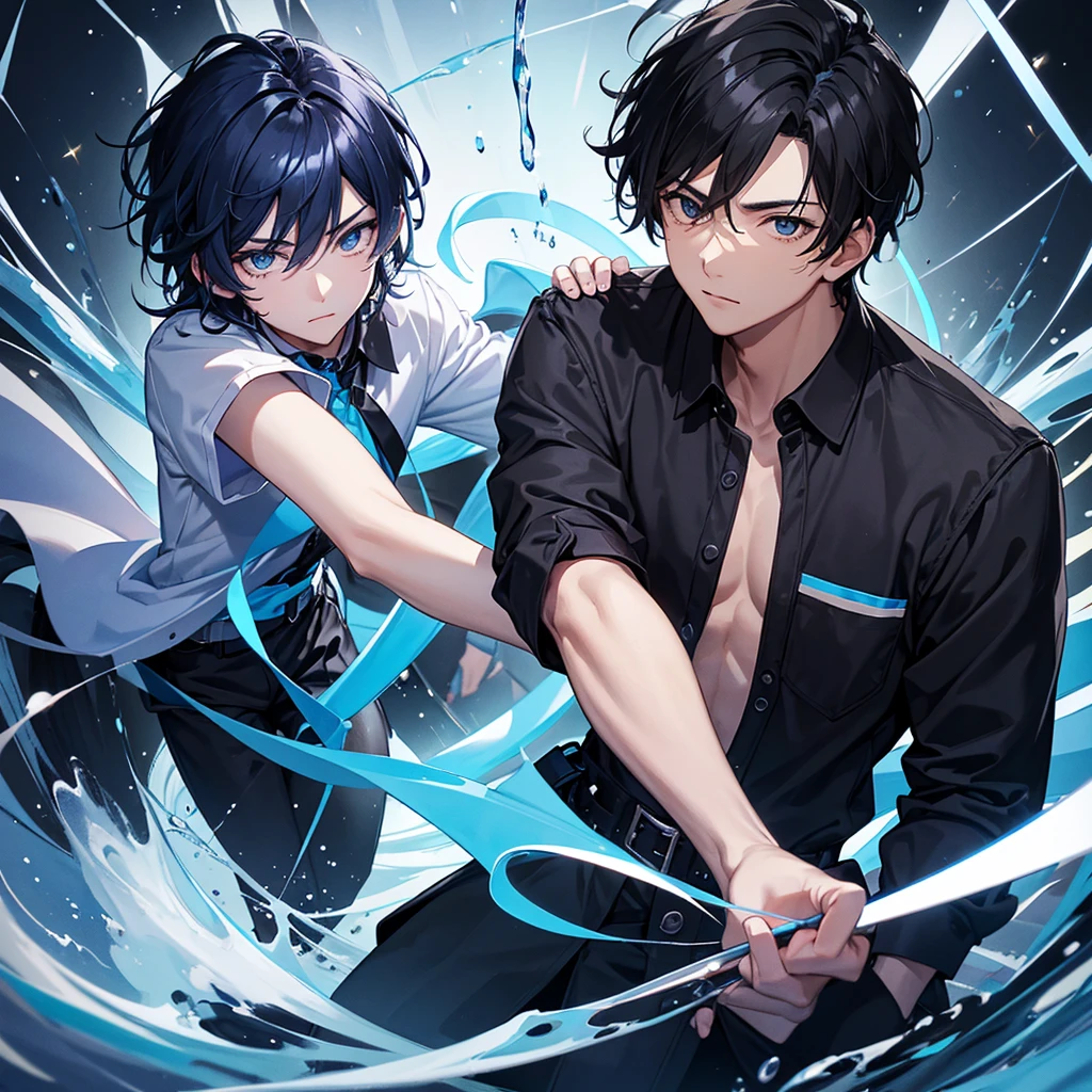 young man teenager ,Black hair has a strong blue sheen. ,Black eyes sparkling blue ,Wear fashionable black and blue shirts. ,There was a white card floating around behind it.