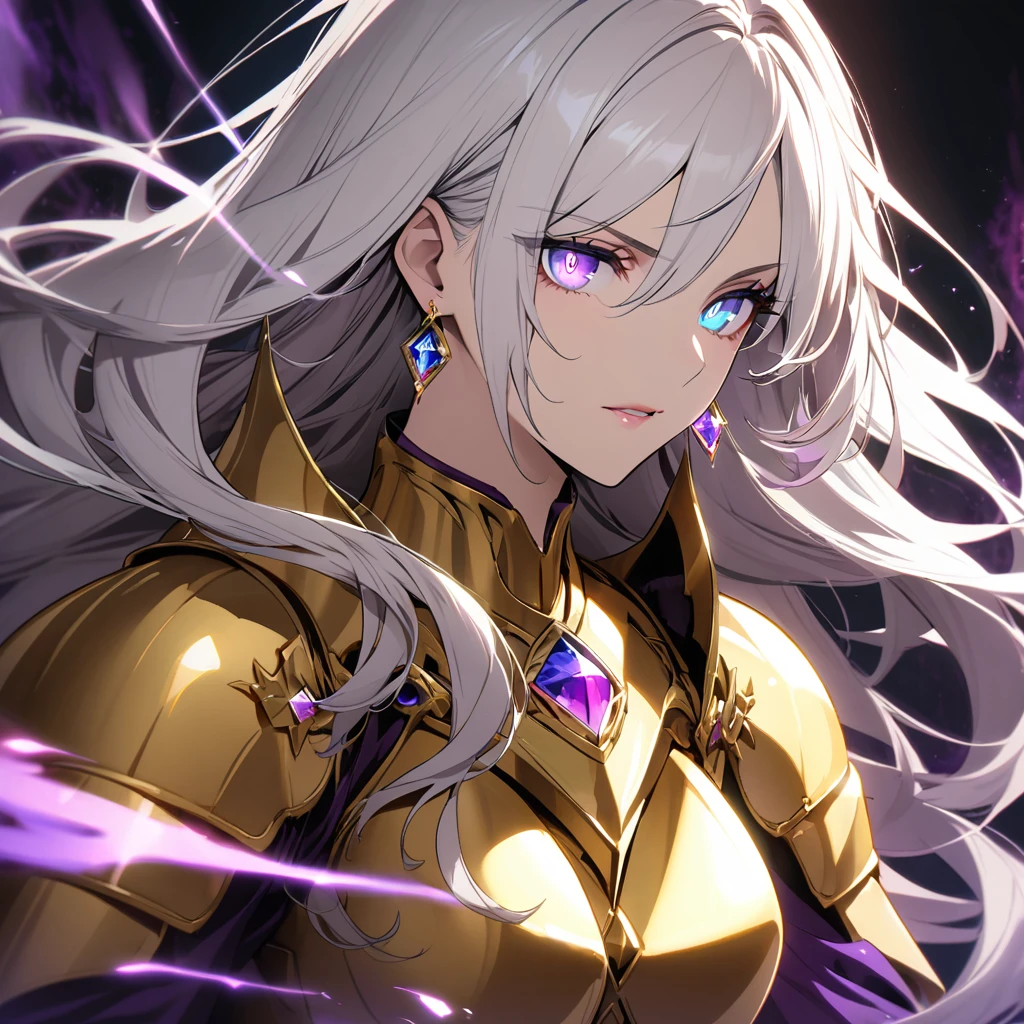 woman, blue eyes, long hair, white hair, mature, god eyes, diamond earings, glowing right eyes, two colors eyes, purple eyes, golden armor, dark aura