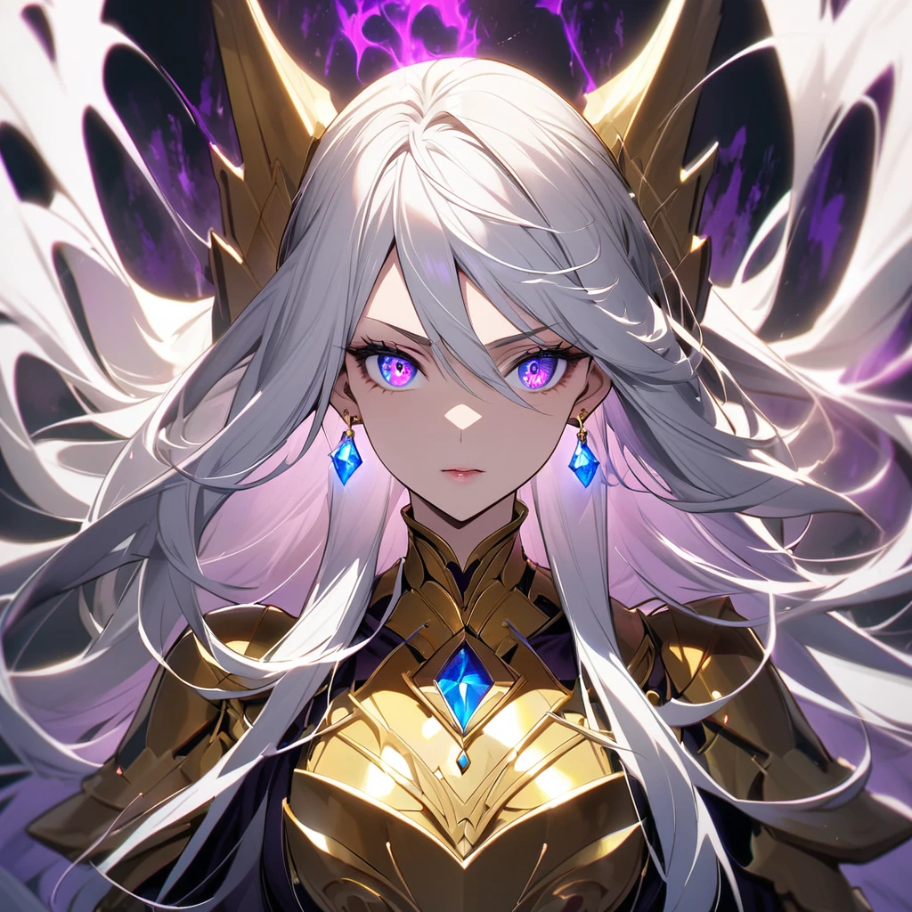 woman, blue eyes, long hair, white hair, mature, god eyes, diamond earings, glowing right eyes, two colors eyes, purple eyes, golden armor, dark aura