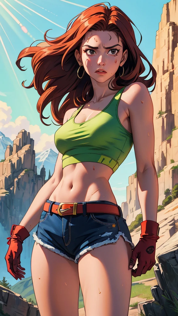 ((((masterpiece, best quality, high resolution)))), Extremely detailed 8K, 1 female, (Launch from Dragon Ball) wearing a light-green belly-baring crop tank top, yellow shorts with a red belt, brown fingerless gloves and red shoes with the Nike insignia worn with green sock, ((with a red ribbon on her hair)), (Ultra HD, Ultra-detailed, Highly detailed, Highly realistic, Ultra-realistic, photograph realistic), (1girl:1.5), (Realistic long yellow hair), (dynamic poses), facing at camera, looking at viewer, (a serious focus face), (regular black eyes, sharp eyes), (perky breasts:1.2), (beautiful detailed face, beautiful detailed eyes), ((slightly sweating)), (mountainous background), sweat, glow, (sunbeam, sunlight), ((cowboy shot)), seductive, EnvyBetterHands LoCon,