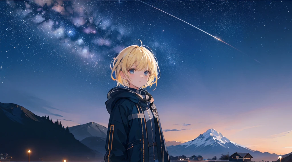 1 girl,octans, sky, star (sky), scenery, starry sky, night, 1girl, night sky, solo, outdoors, building, milky way, 空を指さす、short hair, silhouette, mountain, looking at sky, 8k, beautiful night sky, ray tracing, masterpiece, cute face,blonde hair,