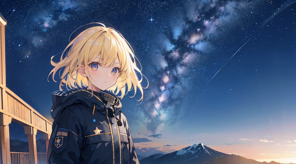 1 girl,octans, sky, star (sky), scenery, starry sky, night, 1girl, night sky, solo, outdoors, building, milky way, 空を指さす、short hair, silhouette, mountain, looking at sky, 8k, beautiful night sky, ray tracing, masterpiece, cute face,blonde hair,