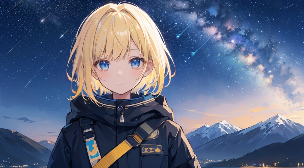 1 girl,octans, sky, star (sky), scenery, starry sky, night, 1girl, night sky, solo, outdoors, building, milky way, 空を指さす、short hair, silhouette, mountain, looking at sky, 8k, beautiful night sky, ray tracing, masterpiece, cute face,blonde hair,