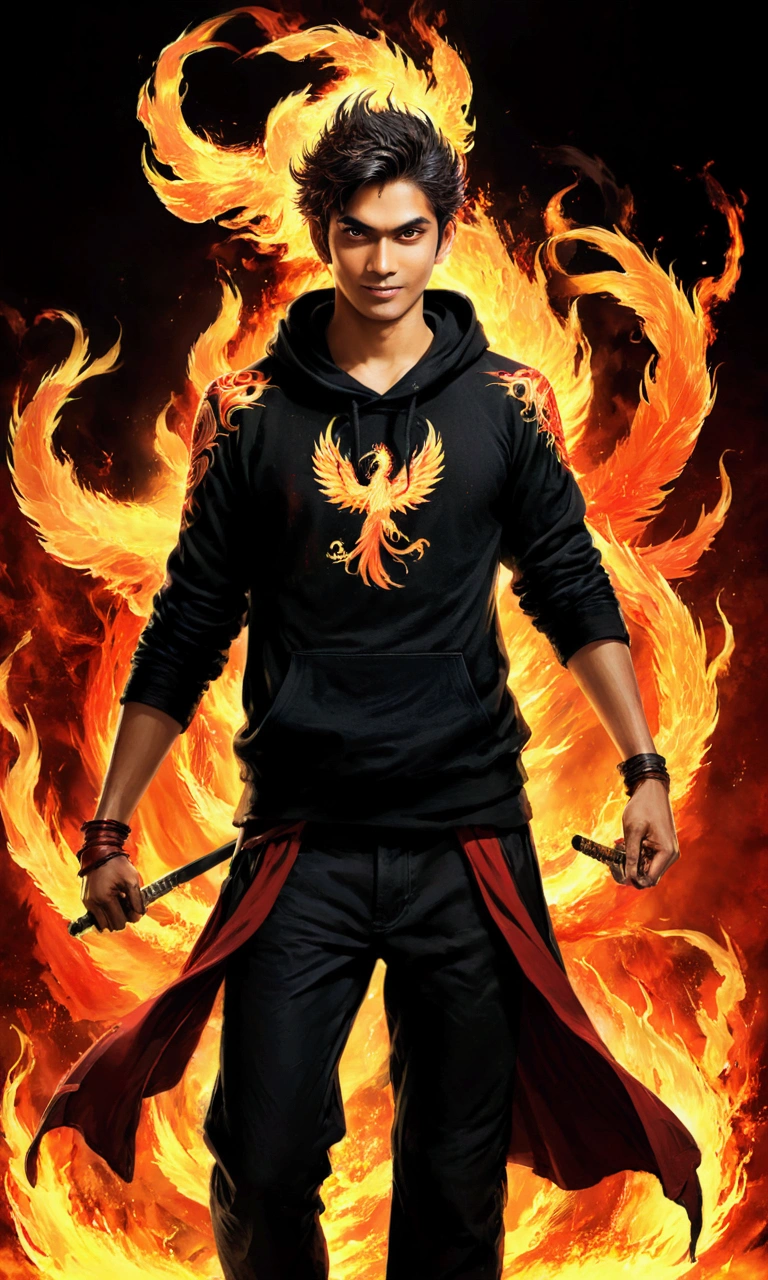 Hd portrait of man aged 20, standing bold befor a mythic beast fire pheonix, pheonix as a man's shadow,black hoodie, black kargo pant, a red glimming katana in his one hand, action pose, high definition, studio Ghibli, hd portrait, hd book cover, fantasy cover, magic realism, feiry background, man's body shining with golden aura like God, perfectly toned an indian guy, a creepy smile on halfed showd face, man is successor of fire pheonix, {{detailed face}}, {{detaild body}}, {{perfect}}