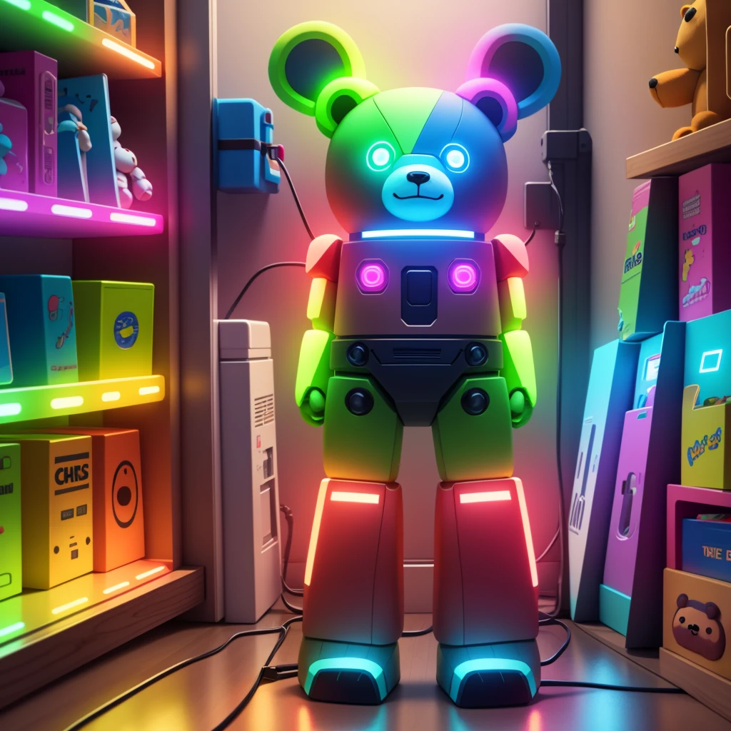 toy shelf with neon lights, toy bear, toy robot, 8k