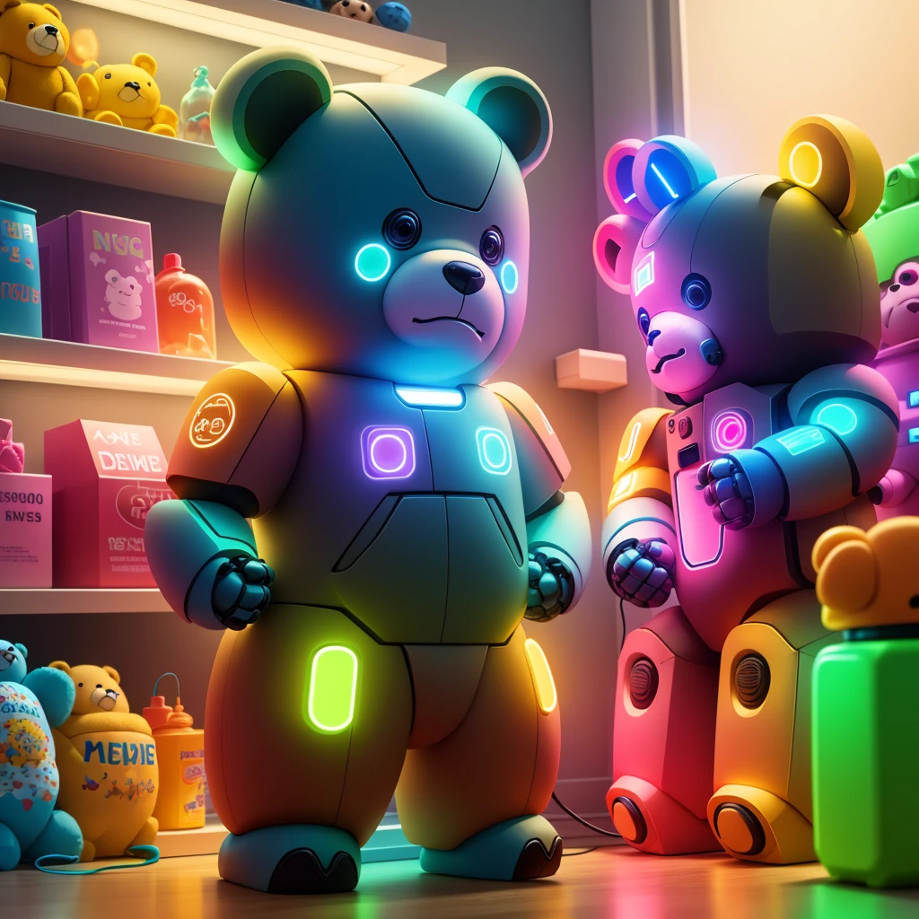 toy shelf with neon lights, toy bear, toy robot, 8k