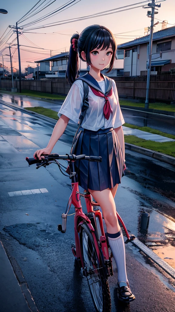 Japanese school Girl standing on wet road with bicycle down side of the light pole, very detailed girl, detailed bicycle, detailed road, detailed grass, detailed light pole, camera view from side, best quality, highly detailed , masterpiece, 8k scene.