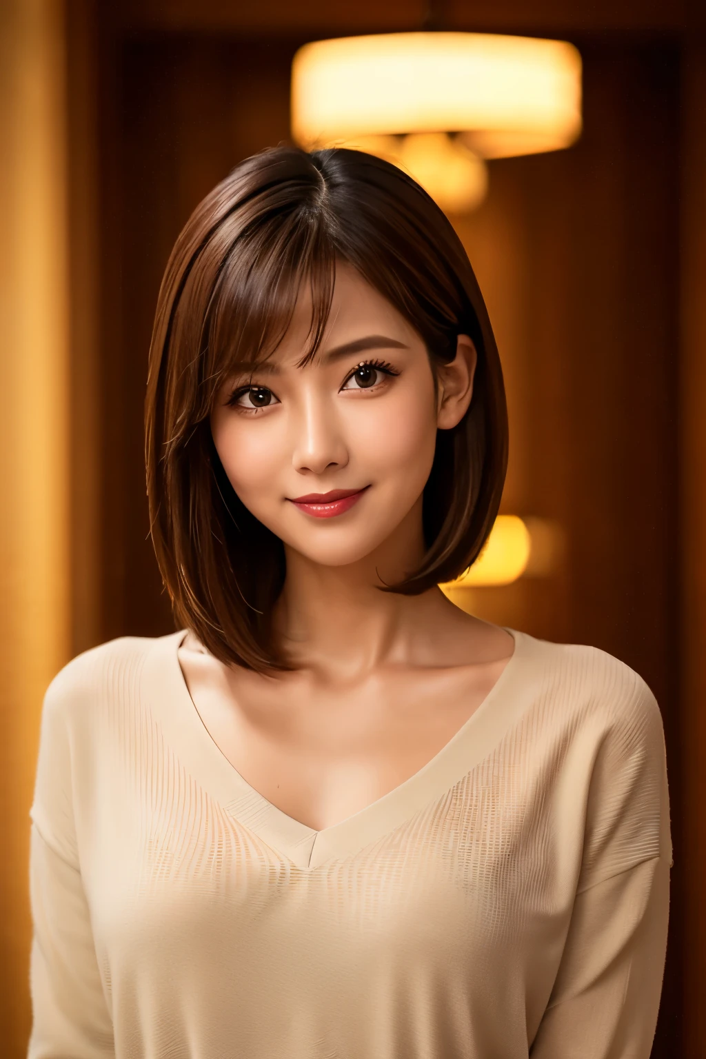 Highest quality, Tabletop, 8k, Best image quality, One Girl, Perfect V-neck see-through knit sweater, Waist to upper body shot, (look forward to), Red eyeshadow, Perfect Makeup, Long eyelashes, Ultra HD Shining Eyes, Ultra HD Hair, Ultra High Resolution Glossy Lips, Ultra HD cute face, Brown Hair, Very short straight hair, Look at me and smile, clavicle, Accurate anatomy, Face close-up, Luxury Love Hotel, The most atmospheric and warm lighting, Blurred Background