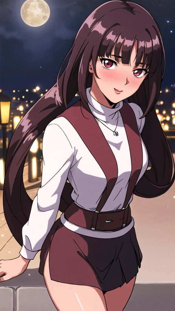 white turtleneck, black pencil shirt,black short skirt, belt,hair ornament, hair scrunchie,low ponytail, dolphin ponytail, long hair, bangs, brunette, black hair, blunt bangs, big red eyes, alone, 1 girl, Young female, 18 years old, sexy gal, very cute, smile, Beautiful Finger,Beautiful long legs,Beautiful body,Beautiful Nose,Beautiful character design, perfect eyes, perfect face,expressive eyes, looking at viewer, in the center of the image,(light smile:0.5), official art, outdoor, portrait, perfect lighting,Colorful, Bright_Front_face_Lighting,shiny skin, (masterpiece:1.0),(best quality:1.0), ultra high res,4K,ultra-detailed, photography, 8K, HDR, highres, absurdres:1.2, Kodak portra 400, film grain, blurry background, bokeh:1.2, lens flare, (vibrant_color:1.2), (beautiful face), (slim body, curvy body), (ashamed, blushing), glossy lip rouge, glossy crimson rouge, (jealousy), SFW, seductive, charming,(attractive,enchanting,fascinating,captivating,bewitching,enthralling,entrancing,attractive,gripping,engrossing),airport,night,fullmoon,bluemoon,(flush, blush, flushing, suffusion),(perplexity; aporioneurosis; quandary; bewilderment; embarrassment),dallying,elegance,smart,beautiful long hair, black jacket, silver moon necklace,