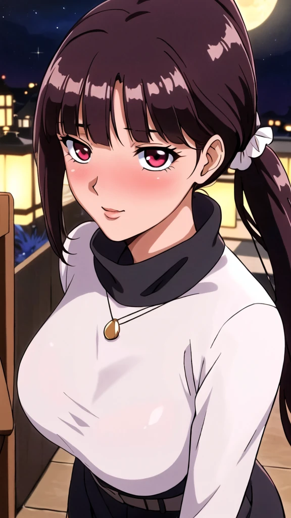 white turtleneck, black pencil shirt,black short skirt, belt,hair ornament, hair scrunchie,low ponytail, dolphin ponytail, long hair, bangs, brunette, black hair, blunt bangs, big red eyes, alone, 1 girl, Young female, 18 years old, sexy gal, very cute, smile, Beautiful Finger,Beautiful long legs,Beautiful body,Beautiful Nose,Beautiful character design, perfect eyes, perfect face,expressive eyes, looking at viewer, in the center of the image,(light smile:0.5), official art, outdoor, portrait, perfect lighting,Colorful, Bright_Front_face_Lighting,shiny skin, (masterpiece:1.0),(best quality:1.0), ultra high res,4K,ultra-detailed, photography, 8K, HDR, highres, absurdres:1.2, Kodak portra 400, film grain, blurry background, bokeh:1.2, lens flare, (vibrant_color:1.2), (beautiful face), (slim body, curvy body), (ashamed, blushing), glossy lip rouge, glossy crimson rouge, (jealousy), SFW, seductive, charming,(attractive,enchanting,fascinating,captivating,bewitching,enthralling,entrancing,attractive,gripping,engrossing),airport,night,fullmoon,bluemoon,(flush, blush, flushing, suffusion),(perplexity; aporioneurosis; quandary; bewilderment; embarrassment),dallying,elegance,smart,beautiful long hair, black jacket, silver moon necklace,