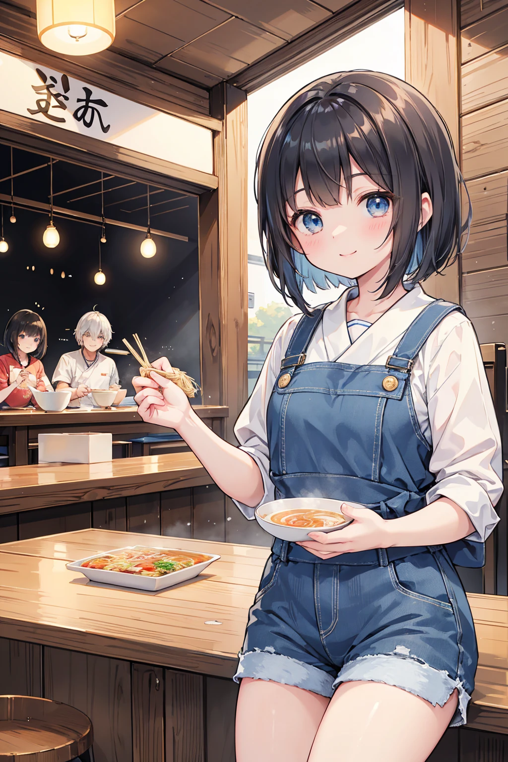 Photorealistic、Highest quality、Highest Resolution、Highest quality、8K、1人のBeautiful woman、Beautiful woman、Beautiful woman、cute、Bob cut hair、Dark Hair Color、Pale blue eyes、Casual Style、黒のcuteノースリーブ、Light blue shorts、cute厚底サンダル、smile、looks fun、sunny、Ramen shop、Eat ramen、Looking at the delicious ramen、