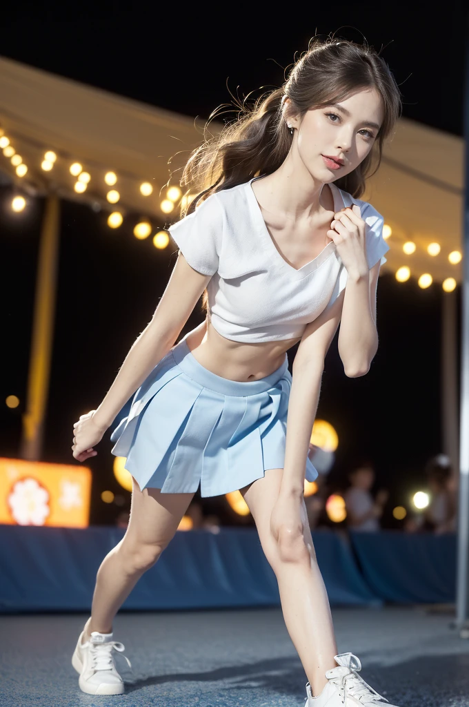 (((best quality))),(((ultra detailed))),(((masterpiece))),illustration,((a beautiful girl,solo)),(shoulder length straight hair:1.2),((slim,thin)),((small breasts,flat chest,claviclis,navel)),(blue short-sleeved white shirt:1.5),(blue mini-skirt:1.3),(slender legs:1.2),(sneakers:1.3),(standing:1.3),(on the stage:1.3),((outside a shopping mall, at the entrance of a beer promotional event)),((surrounded by crowded crowds)),((hair and skirt fluttering in the air)),expressive eyes,infectious smile,the stage adorned with colorful decorations,vibrant atmosphere,(night scene:1.3),(from front:1.3),(full body:1.3),