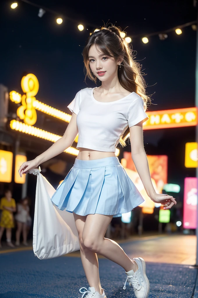 (((best quality))),(((ultra detailed))),(((masterpiece))),illustration,((a beautiful girl,solo)),(shoulder length straight hair:1.2),((slim,thin)),((small breasts,flat chest,claviclis,navel)),(blue short-sleeved white shirt:1.5),(blue mini-skirt:1.3),(slender legs:1.2),(sneakers:1.3),(standing:1.3),(on the stage:1.3),((outside a shopping mall, at the entrance of a beer promotional event)),((surrounded by crowded crowds)),((hair and skirt fluttering in the air)),expressive eyes,infectious smile,the stage adorned with colorful decorations,vibrant atmosphere,(night scene:1.3),(from front:1.3),(full body:1.3),