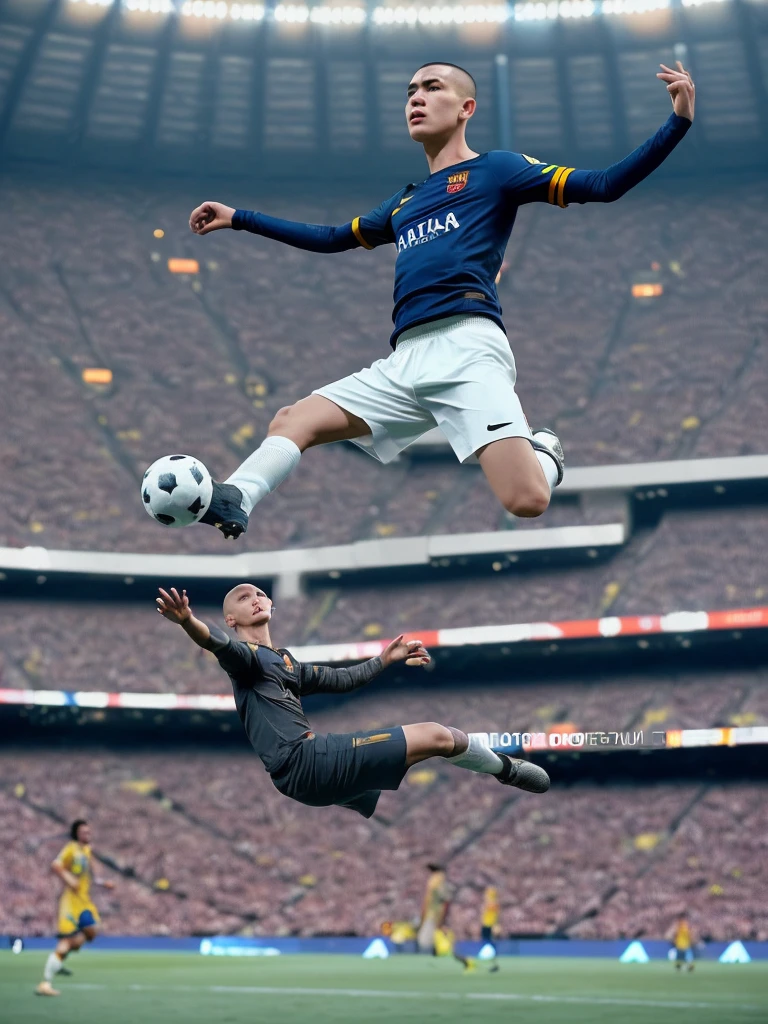 Make a realistic photography picture, an Indonesian man, with a round head, white, handsome, buzz cut hairstyle, jumping while controlling the ball, in a stadium, wearing a Barcelona jersey that says (ABOY) wearing black shoes, a football stadium in the background. crowded with spectators, high light, detailed faces, zoom out, high color