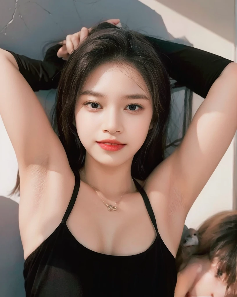 (RAW photo, best quality, masterpiecel1.47), (realistic, photo-realistic:1.35),Ace, 4k, High Resolution, Masterpiece, Best Quality, Head:1.3, Korean(K-pop Idol), Fine Skin, Sharp Focus, ((erectnipples)), (Cinema Lighting), Clavicle, Morning, Soft Light, Dynamic Angle, [: (detailed face:1.2):0.2], armpit wrinkles, thigh gap, dynamic pose(open legs, spread legs:0.9), (solo), (black(loose and oversized)cami), ((high legs cut)lace panties), slim, natural(small-breasts), cleavage, full body, erotic, ((erectnipples)), (female pubic-hair:1.35), (puffy eyes:1.3), (slim legs),