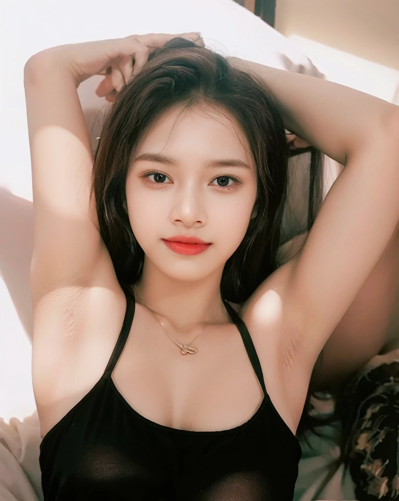 (RAW photo, best quality, masterpiecel1.47), (realistic, photo-realistic:1.35),Ace, 4k, High Resolution, Masterpiece, Best Quality, Head:1.3, Korean(K-pop Idol), Fine Skin, Sharp Focus, ((erectnipples)), (Cinema Lighting), Clavicle, Morning, Soft Light, Dynamic Angle, [: (detailed face:1.2):0.2], armpit wrinkles, thigh gap, dynamic pose(open legs, spread legs:0.9), (solo), (black(loose and oversized)cami), ((high legs cut)lace panties), slim, natural(small-breasts), cleavage, full body, erotic, ((erectnipples)), (female pubic-hair:1.35), (puffy eyes:1.3), (slim legs),