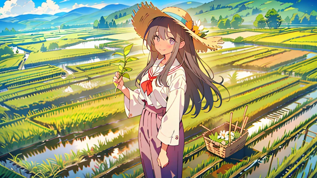 View from the summit,Small seedlings growing in rice paddies,Rice cultivation,Rice transplanter,Poor quality work clothes,Long sleeves and trousers,Ai Fukuhara,Purple long hair,Large Breasts,最高のsmile,smile,Straw hat