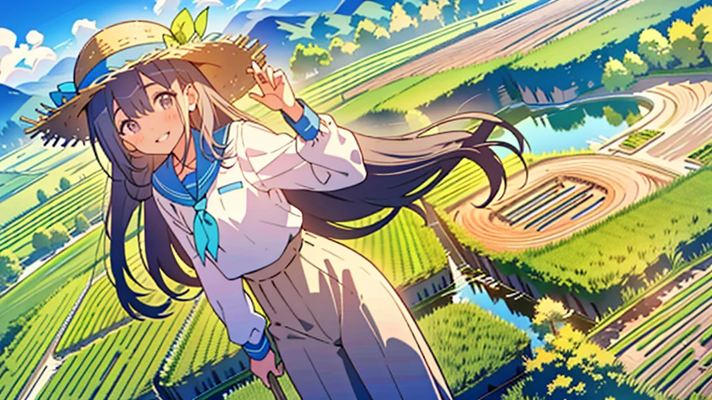 View from the summit,Small seedlings growing in rice paddies,Rice cultivation,Rice transplanter,Poor quality work clothes,Long sleeves and trousers,Ai Fukuhara,Purple long hair,Large Breasts,最高のsmile,smile,Straw hat