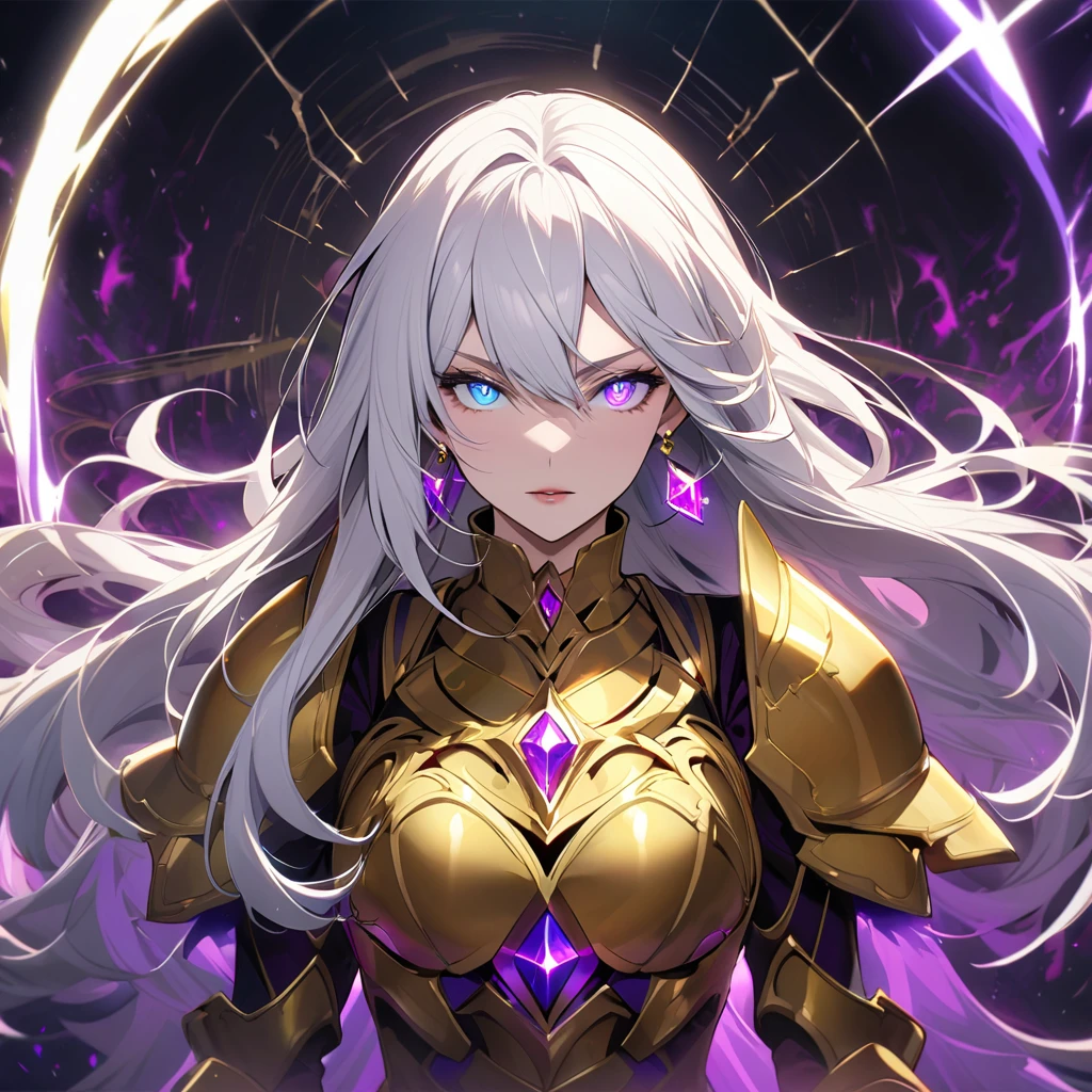 woman, blue eyes, long hair, white hair, mature, god eyes, diamond earings, glowing right eyes, two colors eyes, purple eyes, golden armor, dark aura