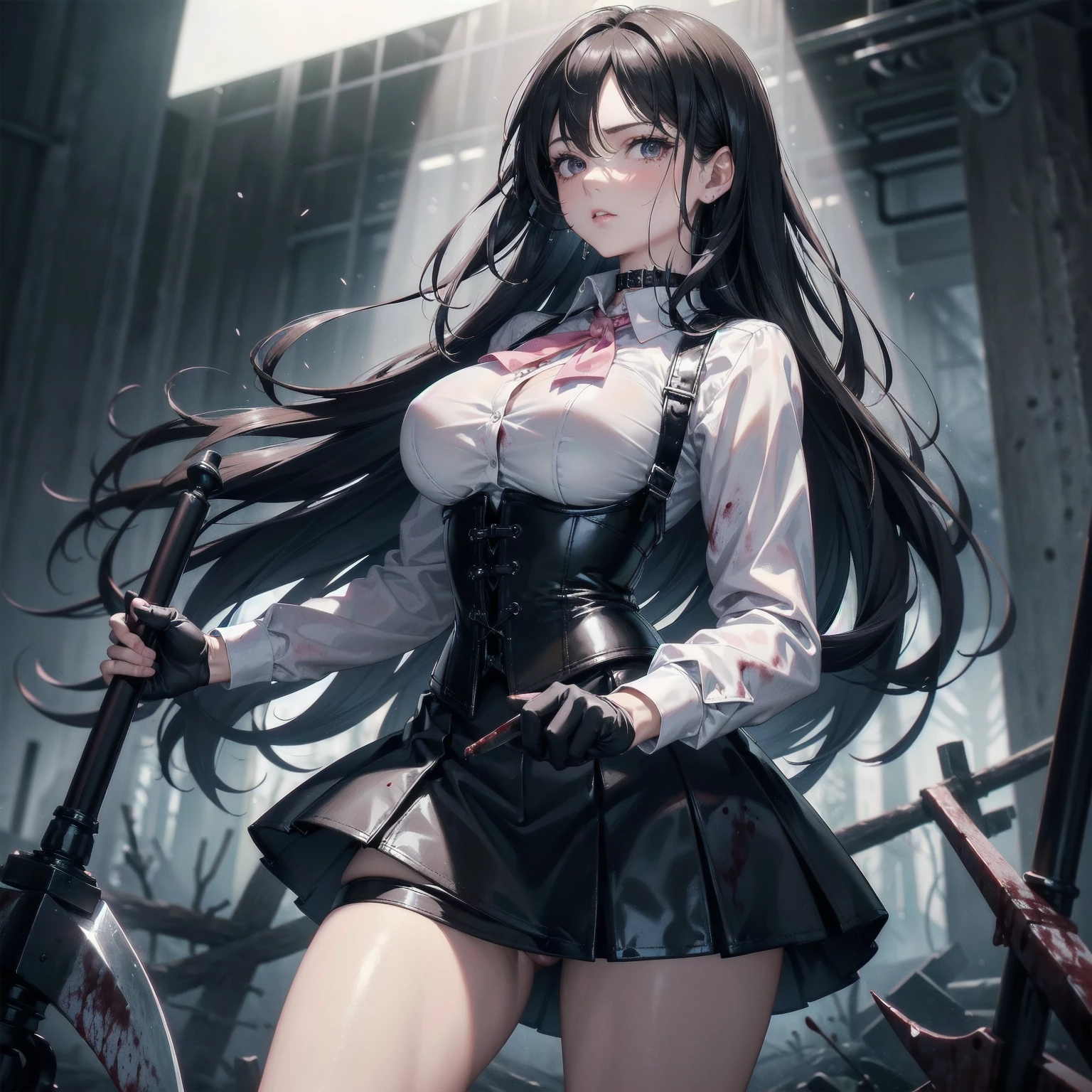 ((blood droplets)), ((blood)), ((blood splatter)), ((blood on clothes)) ((blood stain)), masterpiece, Superior image quality, High resolution, 4k image,photo and gross, photorealistic, whole body, distant view, ung man of 15 years, {{{vagina}}}, big breasts, beautiful face, long black hair, black eyes, very detailed eyes, pink cheeks, serious expression, choker:1.6, (white collar button down long sleeve shirt), black gloves, gloves that cover hands, (holding an ax in the right hand), (black leather corset), (shiny black miniskirt), Sensual Lips, show details in the eyes, View from the front, looking at the viewer, gloomy forest, at night, atmosphere, fog