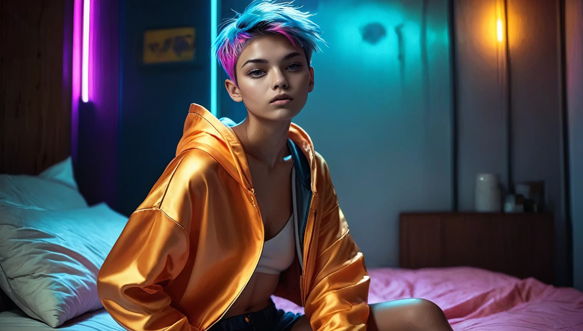 Top Quality, Masterpiece, High Resolution, 8k, full body shot, wide view, (((skinny girl in a puffer oversize puffer and wetlook leggings, wide neckline, deep neckline, beautiful detailed eyes, small closed mouth, extremely detailed face, long pixie asymmetrical hair style, small hips, at night, dim lighting, next to a bed, look behind, cyberpunk, tatoo, pastell)))