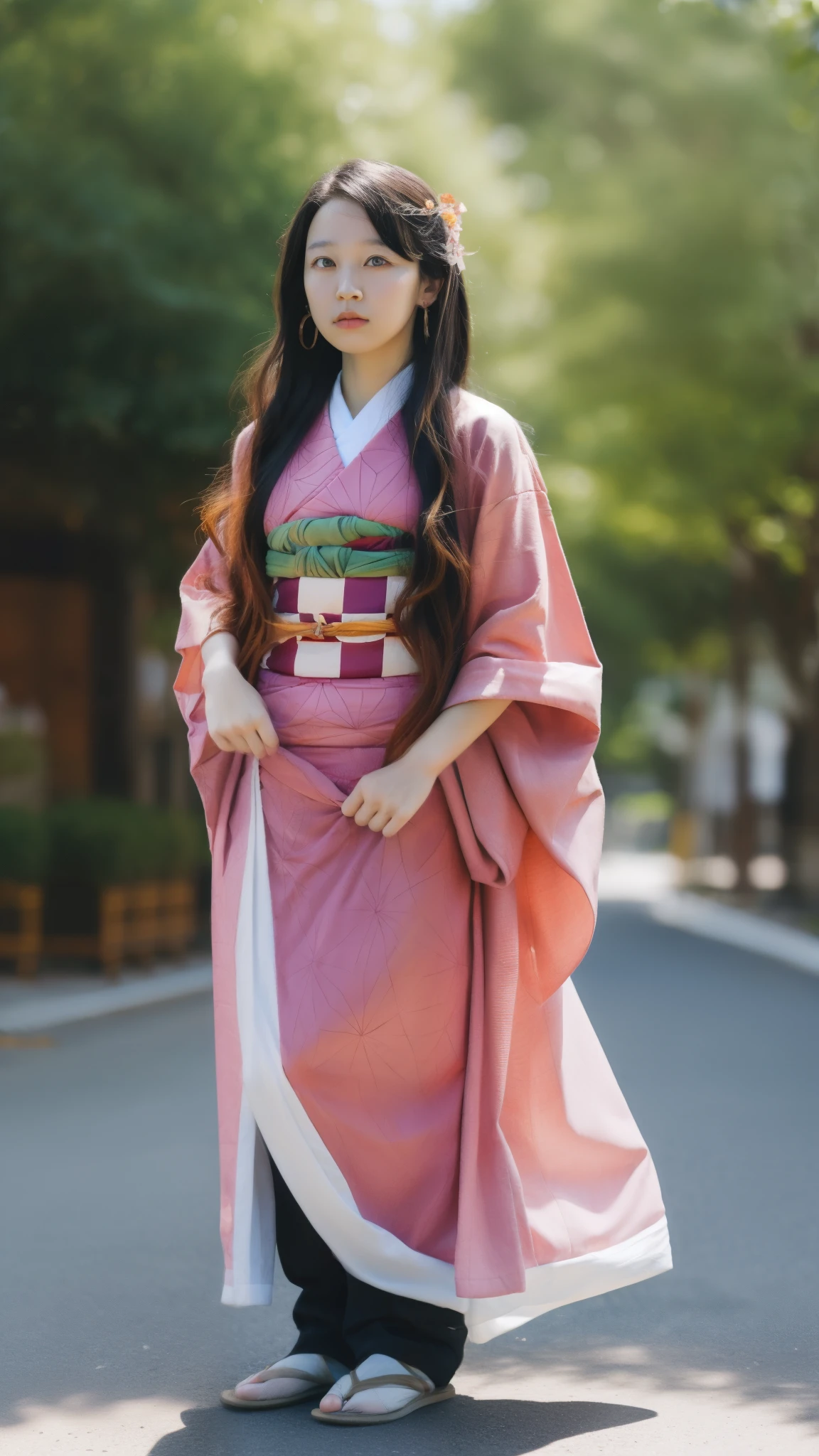 Cute Japanese female, (16 years old), (Very cute face: 1.3), White moist skin, Looking at the camera, Melancholy expression,
BREAK,
Idol,
BREAK,
(Wearing cute kimono: 1.3), (Kimono with high exposure), Very large earrings, Short length,
BREAK,
(Fighting pose: 1.3),
BREAK,
(Long hair), (Pink hair), (Wavy hair), (Gradient hair: 1.3), (Red hair at the ends),
BREAK,
(Realistic: 1.3), Masterpiece, Perfect lighting, (Ultra high resolution), (8K), (Very detailed: 1.4), (From the front), (Full body: 1.3), (Symmetrical: 1.2),
BREAK,
(Japanese city streets: 1.2),
BREAK,
(Demon Slayer: 1.4),
BREAK,
(Hellfire: 1.2), Demon,