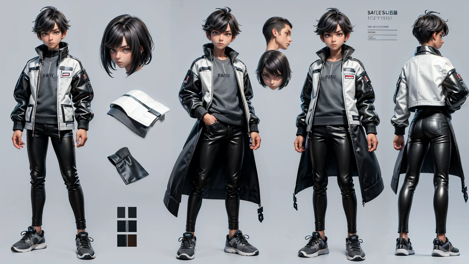 cute face boy, cute face, short height boy, wearing casual futuristic grey color pent, full standing pose, French style hairs, black French style hair, sports shoes, Character Sheet, 12 yo student, Full body, Simple white background, front pose character reference sheet, Concept art, design shee