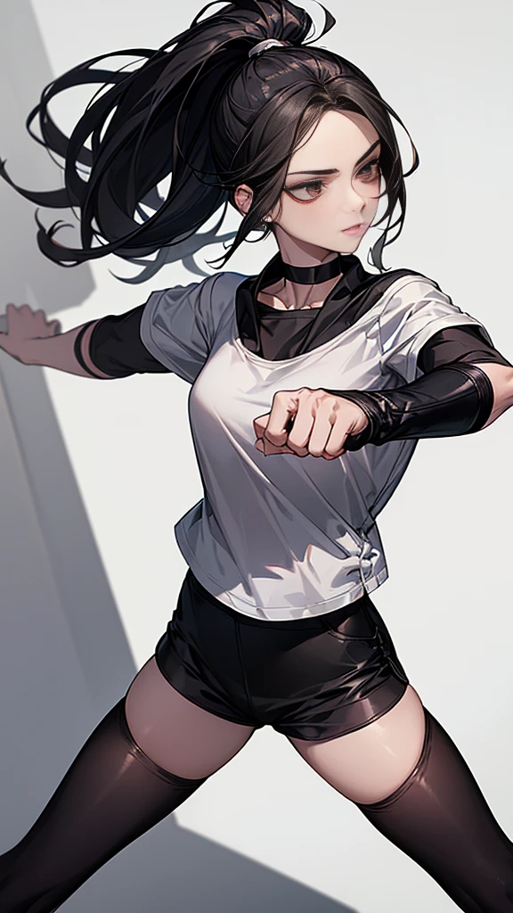 ((Highest quality)), ((masterpiece)), (detailed) {{{Slender female martial arts instructor}}} Shorts {{Décolletage}} {{White short-sleeved T-shirt with long length}} Mature Woman ((Combat Stance)) Long fingerless gloves Black tights {{Inside the dojo}} Black Hair Long-haired ponytail ((Leggings with integrated shorts)) clavicle choker
