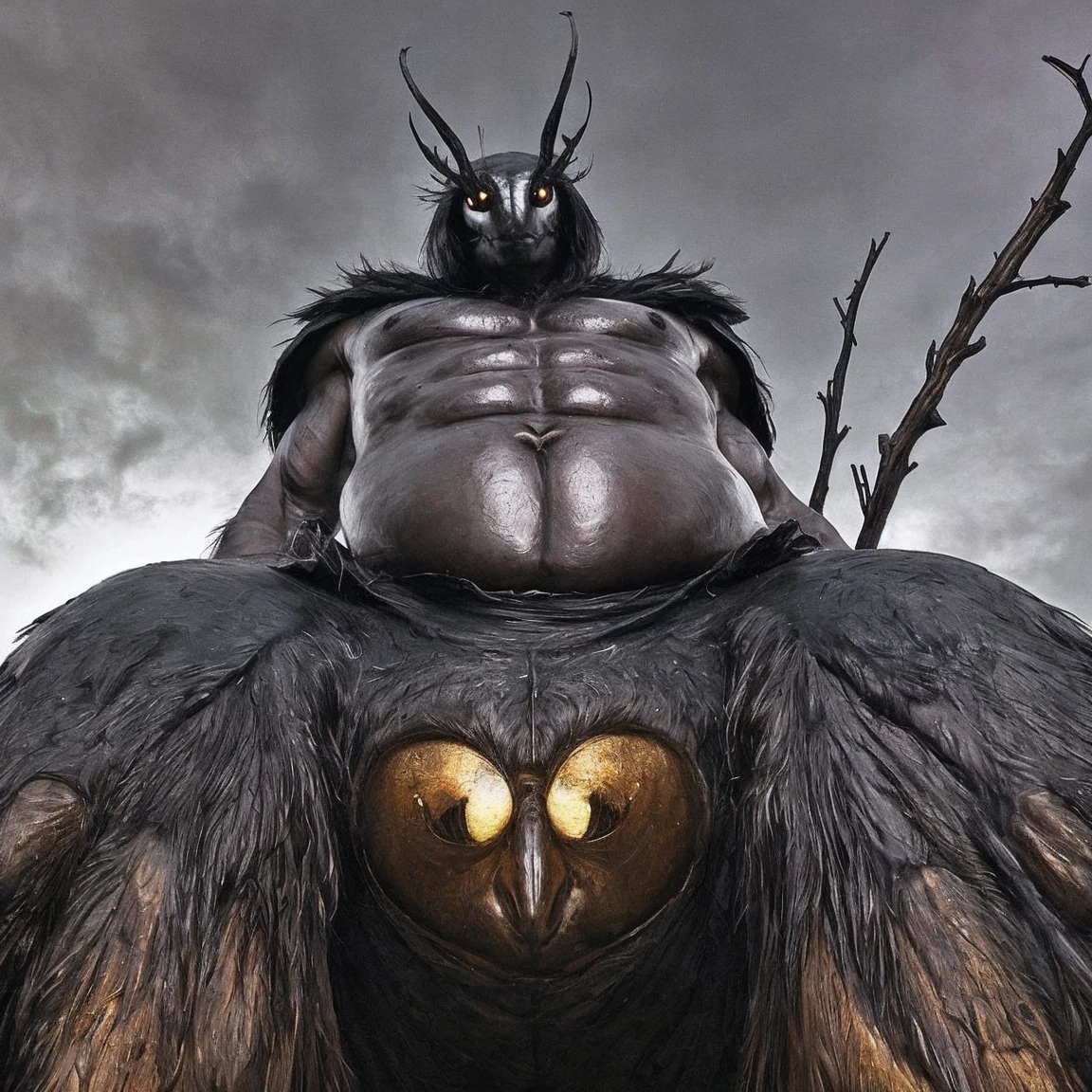 mothman, male, muscular, big belly, swollen belly, prominent belly, MOTHMAN SHAPE, view from below