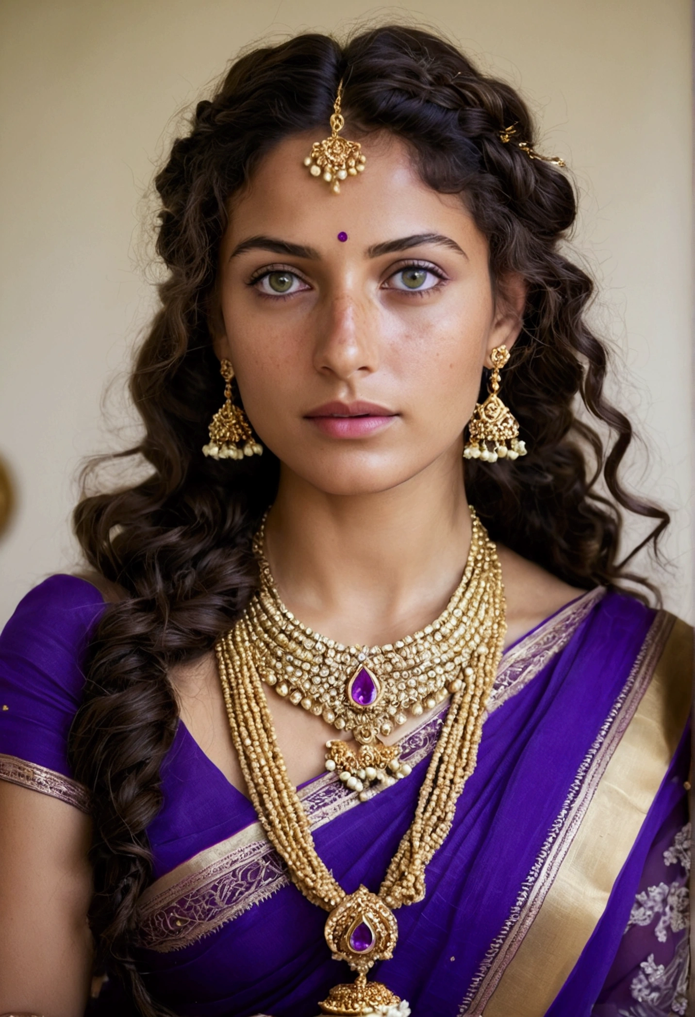 European woman with wavy hair and purple eyes, wedding saree, freckles, mature face, 25 year old, photograph, long braid, jasmine flowers in her hair, gold necklace, cleavage
