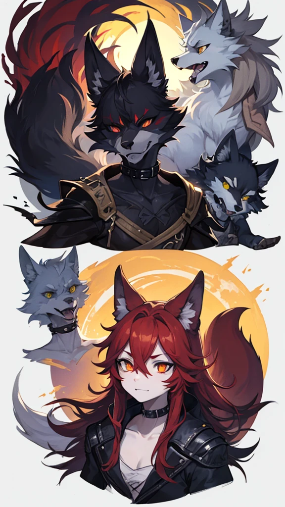 collage style,dark、Depression,Full of weird elements,Red wolf furry,black sclera,The whites of the eyes are black,painting
