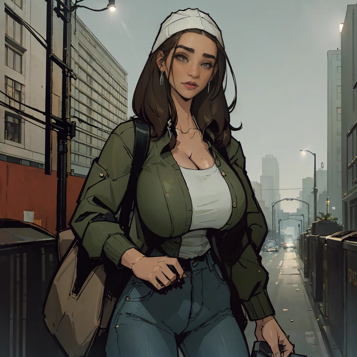 Extremely busty thin and toned brunette photographer, college girl, fair skin, loose side sweep, soft face, athletic, bandana babushka headwrap, tight olive green casual windbreaker, skinny jeans. standing in front of her apartment building, outdoors, city, camera bag, cleavage
