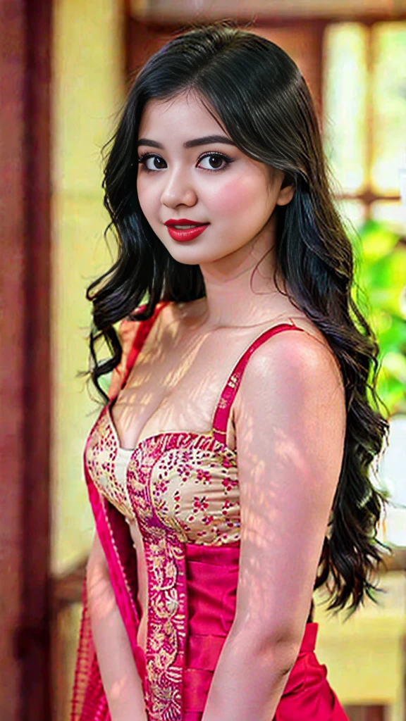 instagram photo, closeup face photo of 23 y.o Chloe in kebaya, Red Lipstick, sensual Lipstick, Sensational Make Up, cleavage, pale skin, (smile:0.4), hard shadows, White G-STRING, bright lighting 