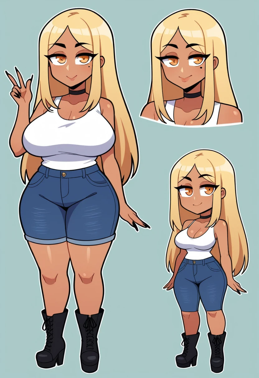 Expressiveh, egirlthot, chibiIcon, , score_9, score_8_up, score_8, (top quality,8k wallpaper),(masterpiece,best quality:1.2), ((source_anime, anime)), 1girl, , goat pupils, gyaru, ((very light blonde hair, long hair, )), old, mother, milf, , ,, tan skin, makeup, tan skin, saggy breasts, saggy, amused eyes, amused smile, , , wide eyes, jealous, jealousy, very jealous, yandere, , , blonde eyebrows, , obsessive, , black mascara, black eyeliner, yellow eyes, , , , , big sister, , large eyes, beauty mark, , giggling, laughing , , athletic , long fingernails,s1z3d1ff_t4lk, taller girl, standing, legs straight, , [[from below]:0.5], pov, eye contact, chibi, icon, cartoon, big head, wide hips, wide torso, plump, big eyes, full body, character sheet, various angles, white tanktop, denim jeans, platform boots, choker, 