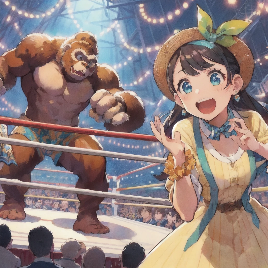 Excited anime girl in the wrestling ring, パンツを履いた猿のWrestler,A lot of spectators, Splash art anime , Official Artwork, By Yoshihiko Wada, Artwork by Ryuta Ueda, high detailed Official Artwork, Official Art, In the middle of the arena, Betty Cooper, 80s anime style,High-quality artwork, Wrestler, by Oze Kanaoka, pixiv Contest Winner, Official Fan Art