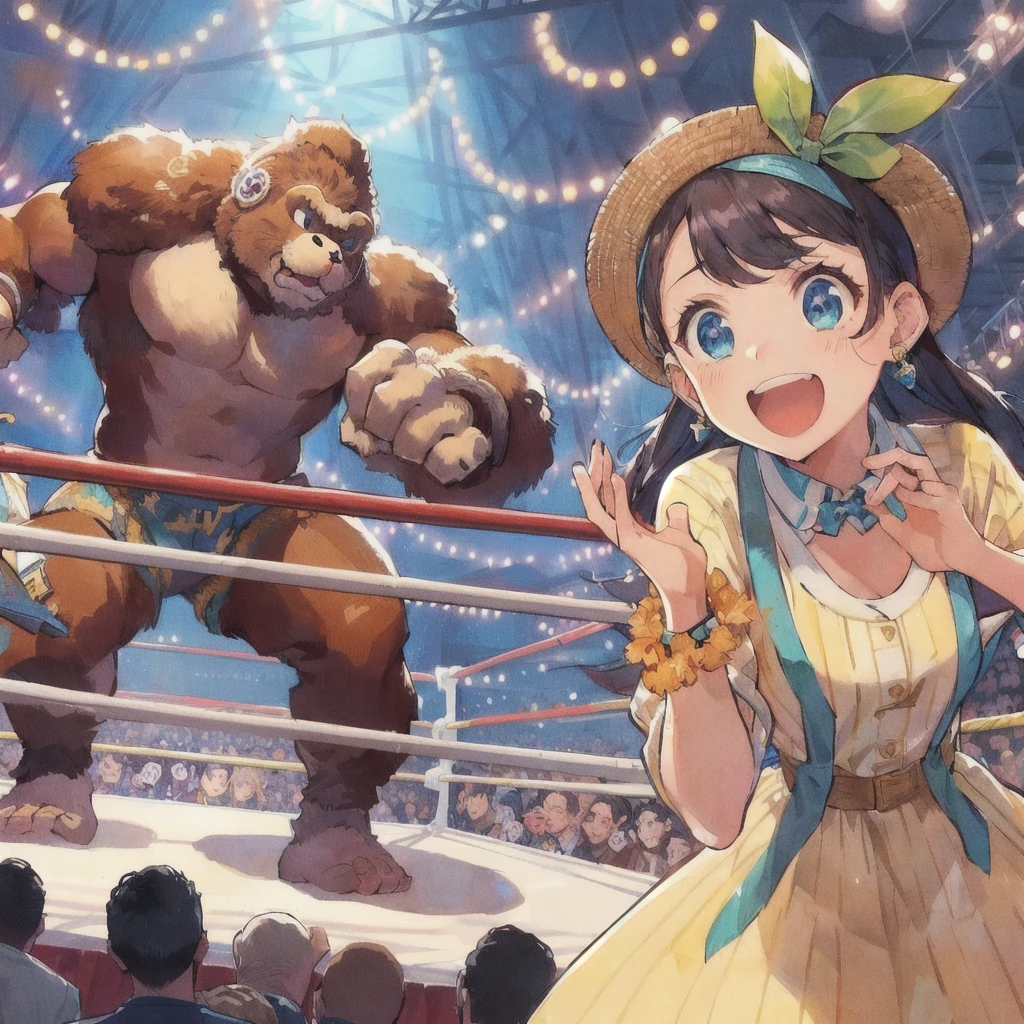 Excited anime girl in the wrestling ring, パンツを履いた猿のWrestler,A lot of spectators, Splash art anime , Official Artwork, By Yoshihiko Wada, Artwork by Ryuta Ueda, high detailed Official Artwork, Official Art, In the middle of the arena, Betty Cooper, 80s anime style,High-quality artwork, Wrestler, by Oze Kanaoka, pixiv Contest Winner, Official Fan Art