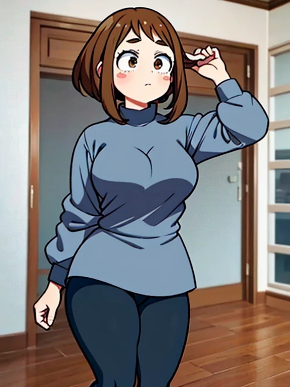 1girl, solo, Imagine Ochaco Uraraka being a 45 year old mother, MILF, brown hair, brown eyes, blush stickers, short hair, Mature Face, brown hair, brown eyes, blush stickers, short hair, medium breasts, curvy female, thick thighs, curvy body, curvaceous belly, round belly, muffin-top, love handles, chubby, ((Wearing: dark blue shirt, black leggings and white heeled boots)), indoors, detailed background, living room, wide shot, (Standing:1.2)