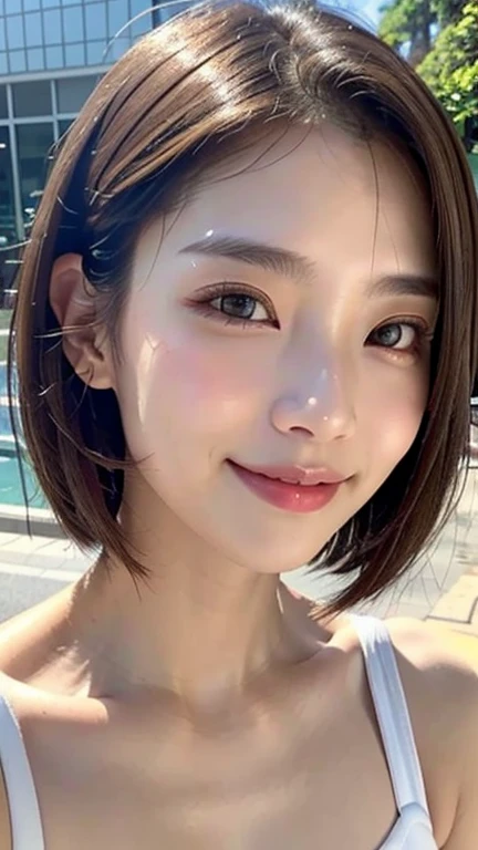 Upper Body,Close enough to see both shoulders,Very short bob hair,20-year-old girl、Light eye makeup、Brown Hair Color、flat 、Hair blowing in the wind、Quality of actress、Shiny, Ultra-realistic faces、smile、Watery eye、look up、Pleasant lighting effects、 Ultra-Realistic Capture、Very detailed、High resolution 16k human skin closeup。Skin texture must be natural、Must be so detailed that pores are visible、skin is healthy、A consistent tone is needed、Use natural light and colour、素晴らしいsmile、