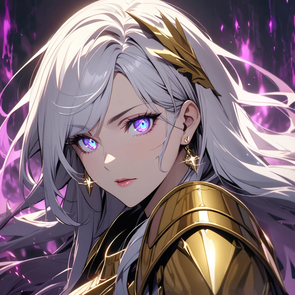 woman, blue eyes, long hair, white hair, mature, god eyes, diamond earings, glowing right eyes, two colors eyes, purple eyes, golden armor, dark aura