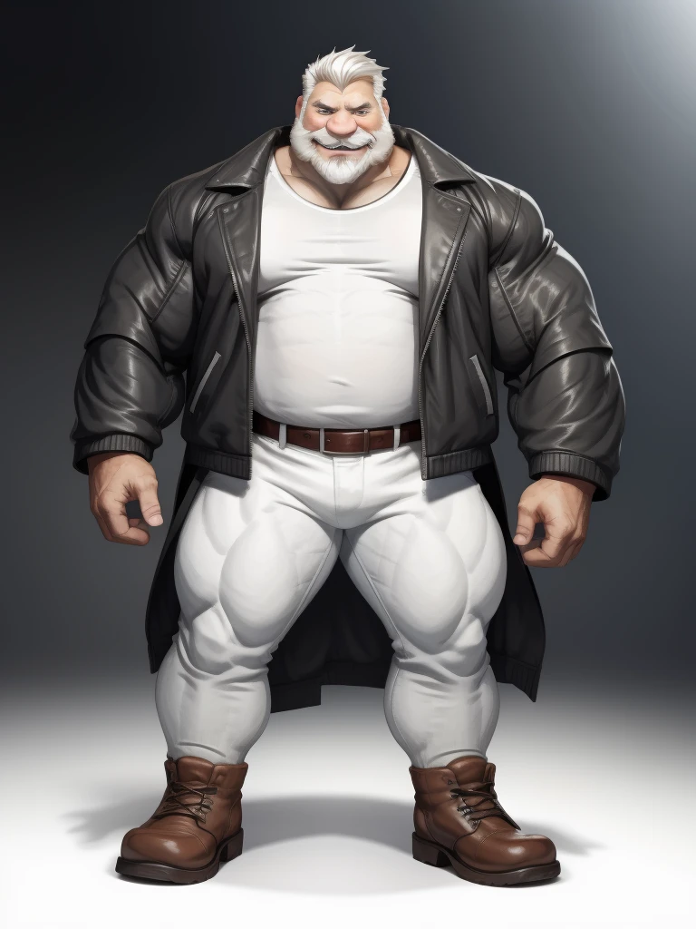 huge muscular old man, standing, smile, happy, wearing leather jacket, open jacket, sleeved, white tshirt, thick arms, wide pectoral, full body, front view, masterpiece, proportional, white hair, bearded, huge and giant, an14