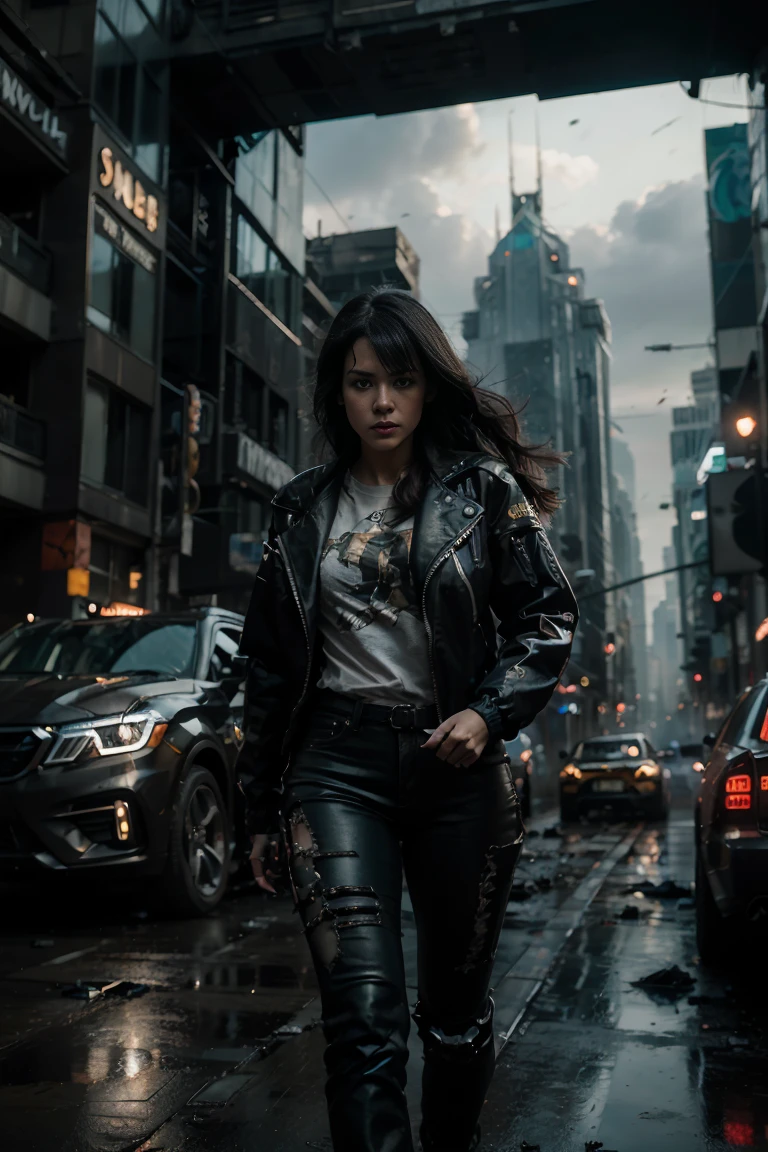 (Highest quality, Ultra HD, 16k, Masterpiece) A powerful girl walks confidently in front of her rugged, futuristic car amidst a chaotic and war-torn metropolis. The shot is a medium to long view, capturing her determined presence and the complete surroundings around her. She gazes ahead with a fierce, unyielding expression, embodying strength and resolve. She wears a fitted mecha tshirt under a stylish jacket and jeans pants, her attire blending practicality with a touch of modern flair. The jacket is detailed with guns, rifles, and utility pockets, enhancing her battle-ready appearance. Her hair is tousled and windswept, adding to her dynamic presence. The car behind her is a heavily modified, armored vehicle, its exterior scarred from countless battles. It stands as a testament to her resilience and resourcefulness, with various gadgets and weapons mounted on its frame. The car's sleek, complements the overall gritty atmosphere. In the background, the entire skyline of the metropolis is visible, partially obscured by smoke and ash. Skyscrapers tower amidst the chaos, many of them heavily damaged with gaping holes and crumbling facades. Explosions light up the scene, casting an eerie glow over the widespread destruction. Spaceships hover menacingly in the sky, engaged in fierce aerial battles, their sleek designs contrasting with the devastation below. The ground is littered with debris and remnants of destroyed structures, adding to the sense of a world torn apart by conflict. Scraps of metal, shattered glass, and remnants of vehicles are scattered across the landscape, emphasizing the scale of destruction. The lighting is dramatic, with sharp contrasts that highlight the textures of her attire and the metallic surface of her car. The interplay of light and shadow emphasizes the intense expression on her face and the chaos in the background. Hollywood action movie. Action film, ((tshirt)), (((fully covered mecha tshirt))), (((mecha jacket on top))), (((guns)))