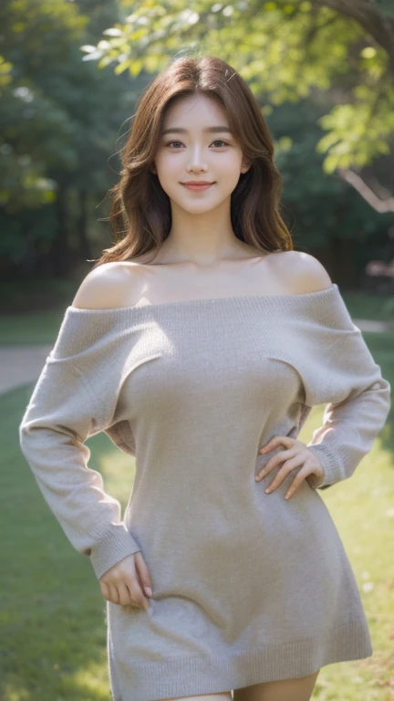 (top-quality,8K picture quality,masterpiece:1.3,),(超A high resolution:1.3,Photorealsitic:1.4,Raw photography:1.2),(ultra-detailliert:1.2,shinny skin,Detailed skin:1.1),(Perfect Anatomy,Caustics:1.2),(On the lawn),(transparant:1.5). 女の子1人,baby face, kawaii,japanes,18year old, teeneger Japanese ido,Natural brown hair,Curl long blonde hair outward,grey eyes,natural make up, tight off-shoulder sweater dresses, big breasts, huge breasts, a smile, Looking at the camera,Professional Lighting,natural soft light, full body, slim body, potrait picture (hands behind hips:1.1)
