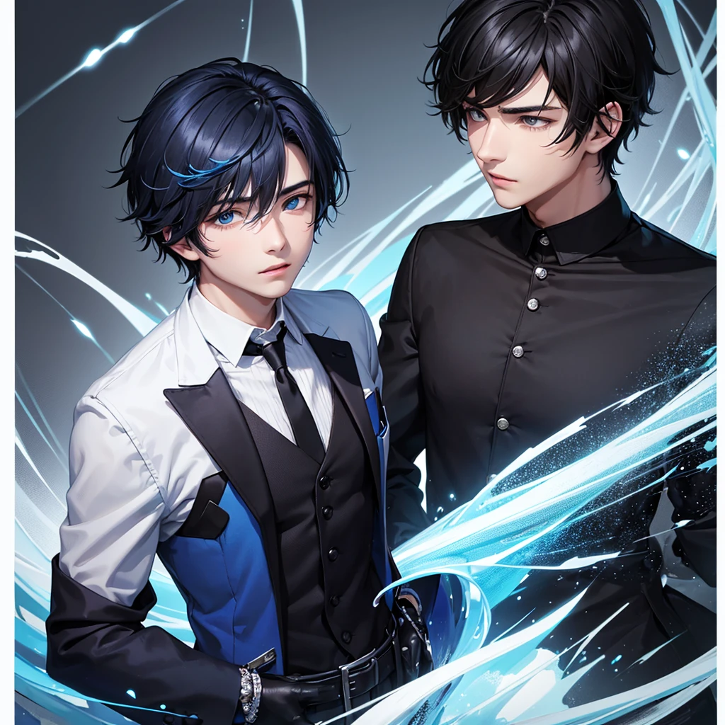 young man teenager ,Black hair has a strong blue sheen. ,Black eyes sparkling blue ,Wear fashionable black and blue shirts. ,There was a white card floating around behind it.