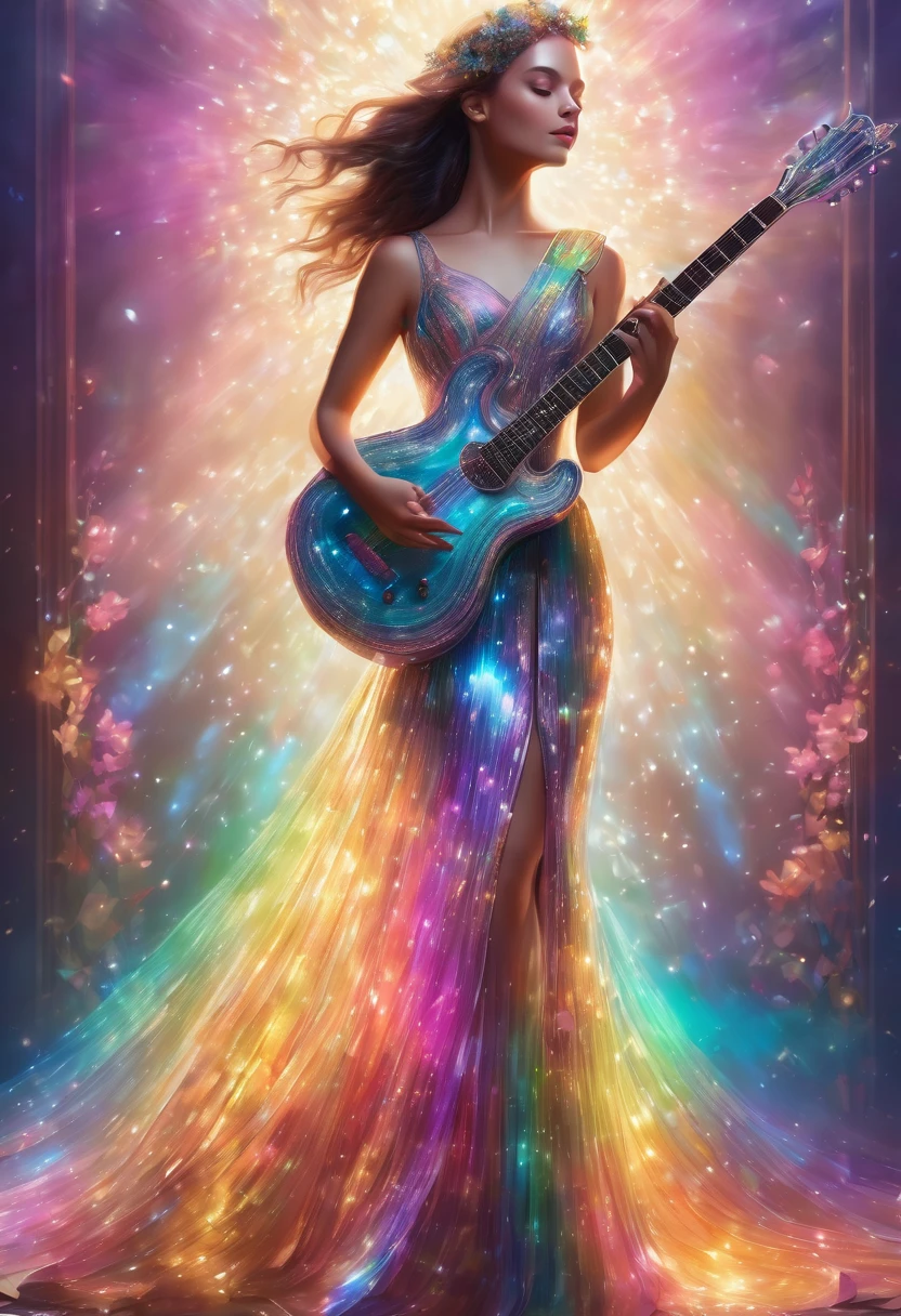 drawing of a girl in a beautiful iridescent elegant dress holding a decorative translucent glass guitar, exquisitely, artistic touch and emitting captivating and colorful rays of light., 3D rendering